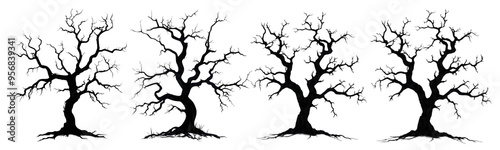 The image shows four twisted, leafless trees with dark, eerie silhouettes, perfect for a spooky or Halloween vibe