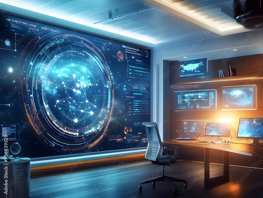 Futuristic Control Room with Data Screens and Globe.