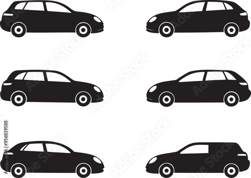 6-difference cars black & white, Super car vector image illustration isolated on white background. black and white silhouette.