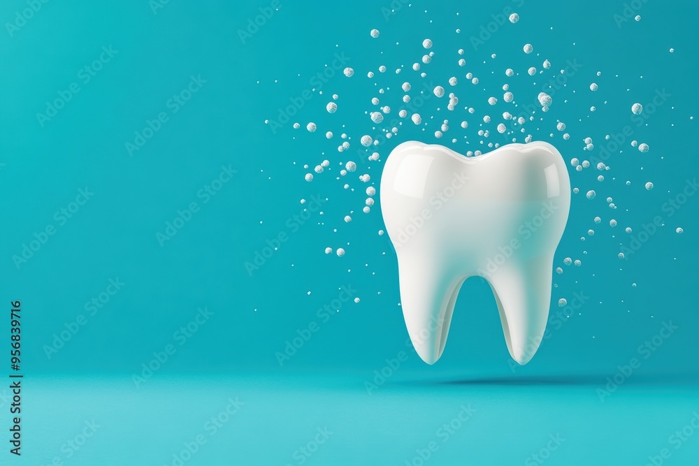 A white tooth with bubbles on a vibrant turquoise background, symbolizing cleanliness and dental health. A white tooth with bubbles on a vibrant turquoise background, symbolizing cleanliness and dental health.