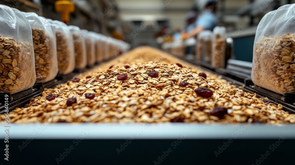 Muesli being mixed and bagged in a food production facility, showing healthy ingredients along a conveyor belt. Muesli being mixed and bagged in a food production facility, showing healthy ingredients along a conveyor belt.