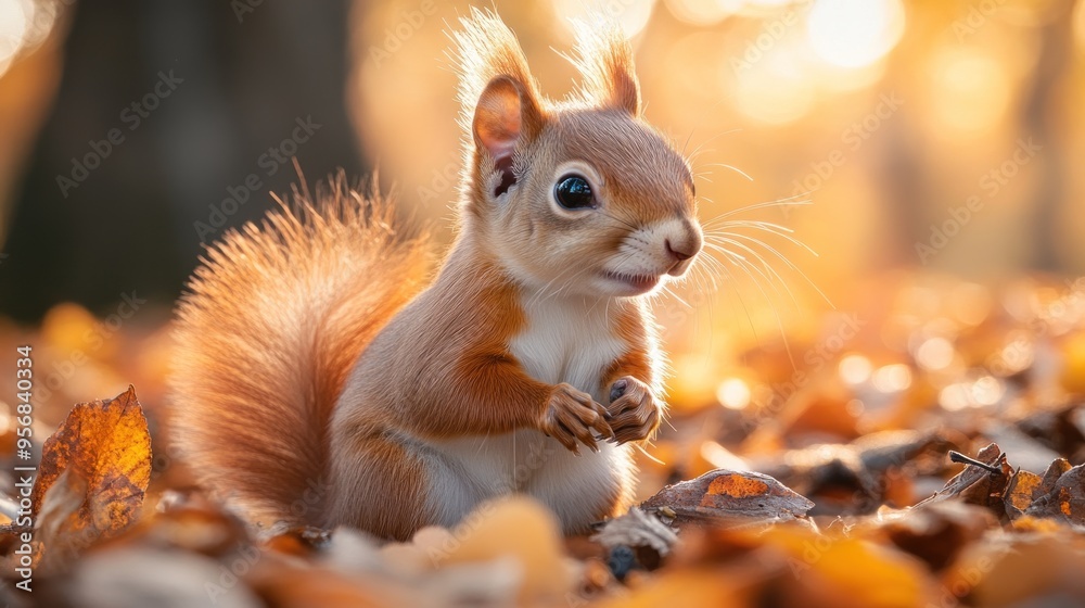 Cute Red Squirrel in Autumn Leaves Cute Red Squirrel in Autumn Leaves