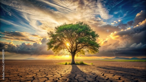 A serene landscape depicts a solitary tree standing tall amidst withered ones, symbolizing perseverance, hope, and resilience in the face of adversity and challenges.