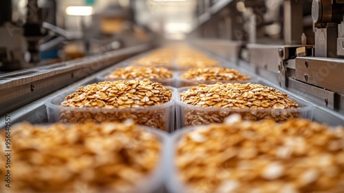 Oatmeal is being processed and packaged in an industrial facility, showcasing bulk containers filled with golden oats. photo