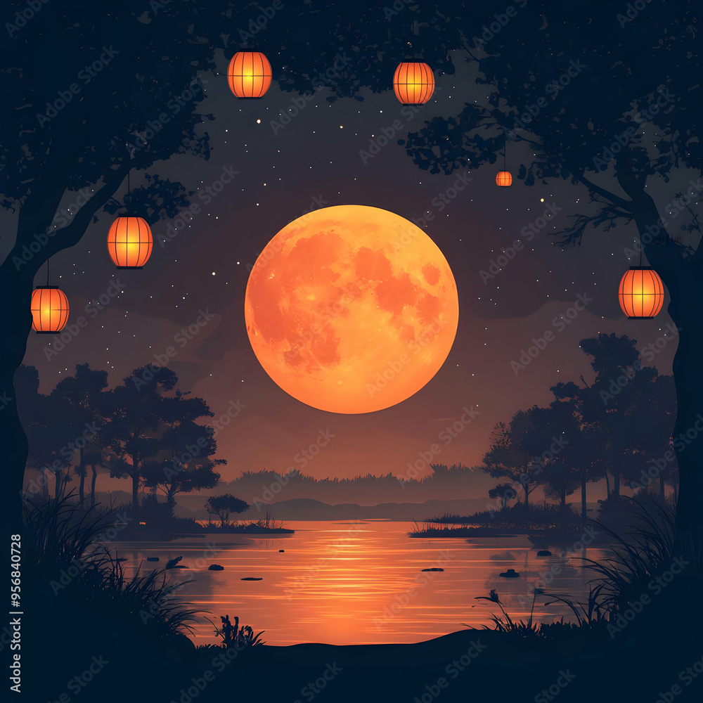 Naklejka premium Flat Glossy Full Moon with Silhouettes for Mid Autumn Festival concept as A glossy background featuring the full moon with silhouettes of trees and lanterns creating a mystical and reflective atmosphe