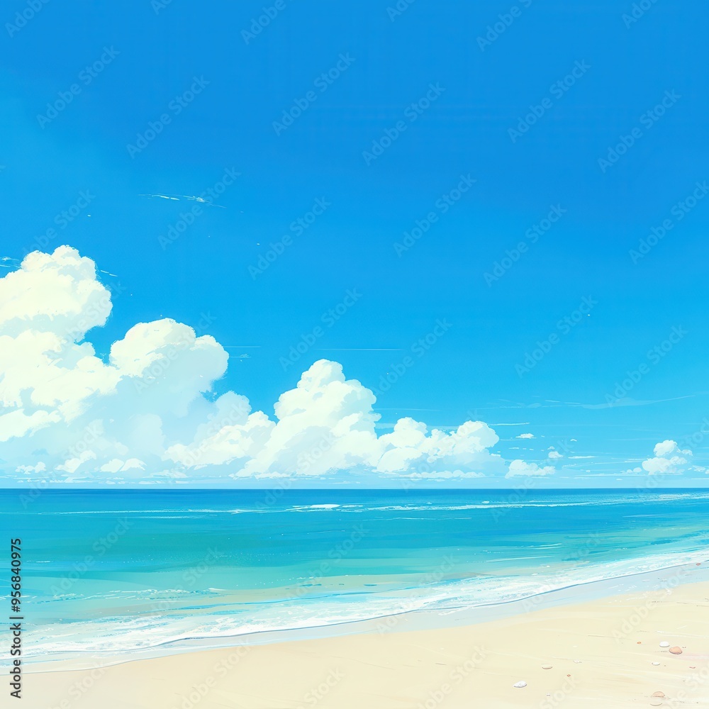Tranquil Beach Scene with Blue Sky and White Clouds Tranquil Beach Scene with Blue Sky and White Clouds