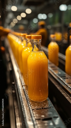 Orange juice being bottled on a production line in a factory, showcasing fresh, vibrant juices in glass bottles. photo