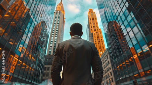 Man in Suit Standing Between Tall Skyscrapers