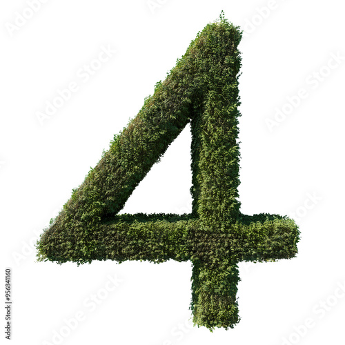 An organic 3D number 4 formed from lush green foliage, ivy vines and moss, a botanical sculpture or topiary portraying numerals with natural plants against a plain studio backdrop, vibrant colors, hig