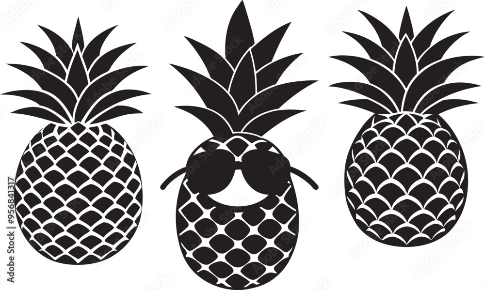 Cute cartoon pineapple silhouette with sunglass isolated on white. Summer vacation concept. Tropical Pineapple fruit Clipart. Cute cartoon pineapple silhouette with sunglass isolated on white. Summer vacation concept. Tropical Pineapple fruit Clipart.