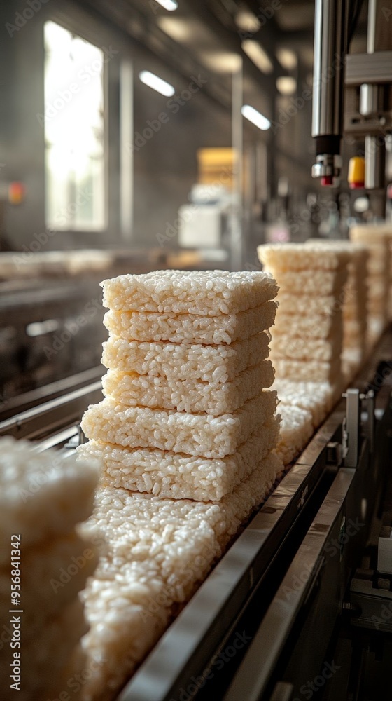 Fototapeta premium Rice cakes are being pressed and packed in an industrial facility, showcasing an efficient manufacturing process.