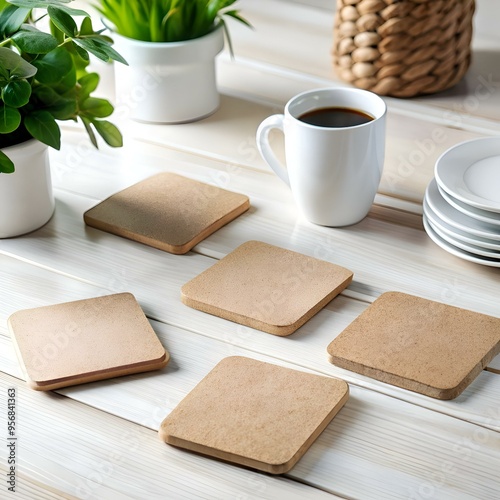 Five square brown coasters on a white wooden table. with a coffee cup and potted plants.