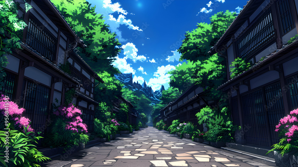 Fototapeta premium City Streets Landscape Anime Style Fresco