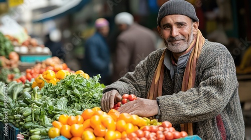 A local farmer tends to his vegetable stand at a bustling market, his hands showcasing the fresh produce he has lovingly grown