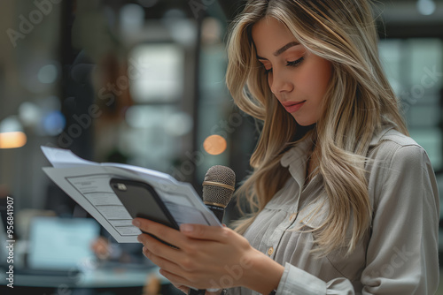 Free Download A female journalist with microphone, notebook, and phone in the office, closeup. - GFXLoad