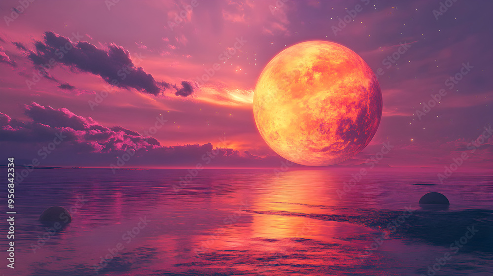 A planet with an atmosphere glowing in shades of orange and pink, reflecting on a nearby moon’s surface.


