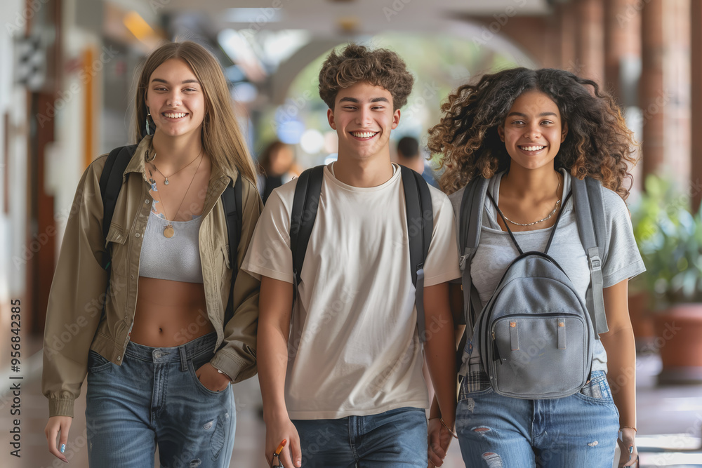 Photo full-length of happy college students walking together on campus. Photo full-length of happy college students walking together on campus.