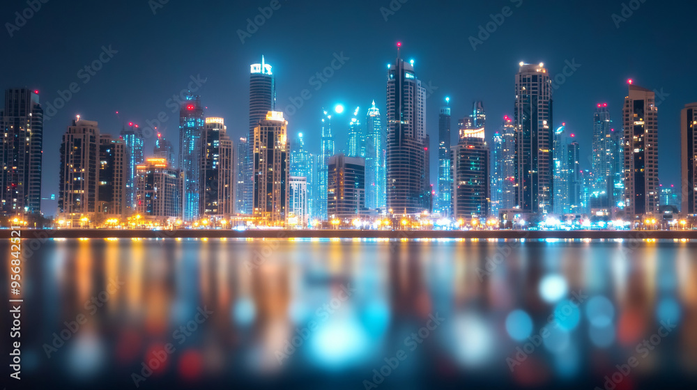 Fototapeta premium The illustration features a blurred nighttime cityscape, capturing the essence of an urban night scene with a dreamy and abstract feel. Bokeh lights softly glow, representing the hustle and bustle of 