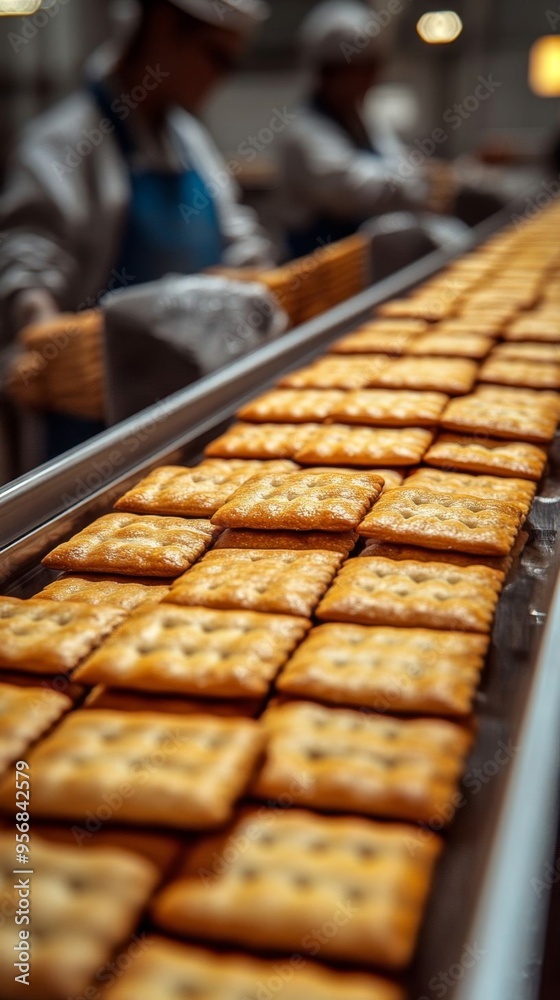 Baked wheat crackers being prepared and packaged by workers in a busy food production factory. Baked wheat crackers being prepared and packaged by workers in a busy food production factory.