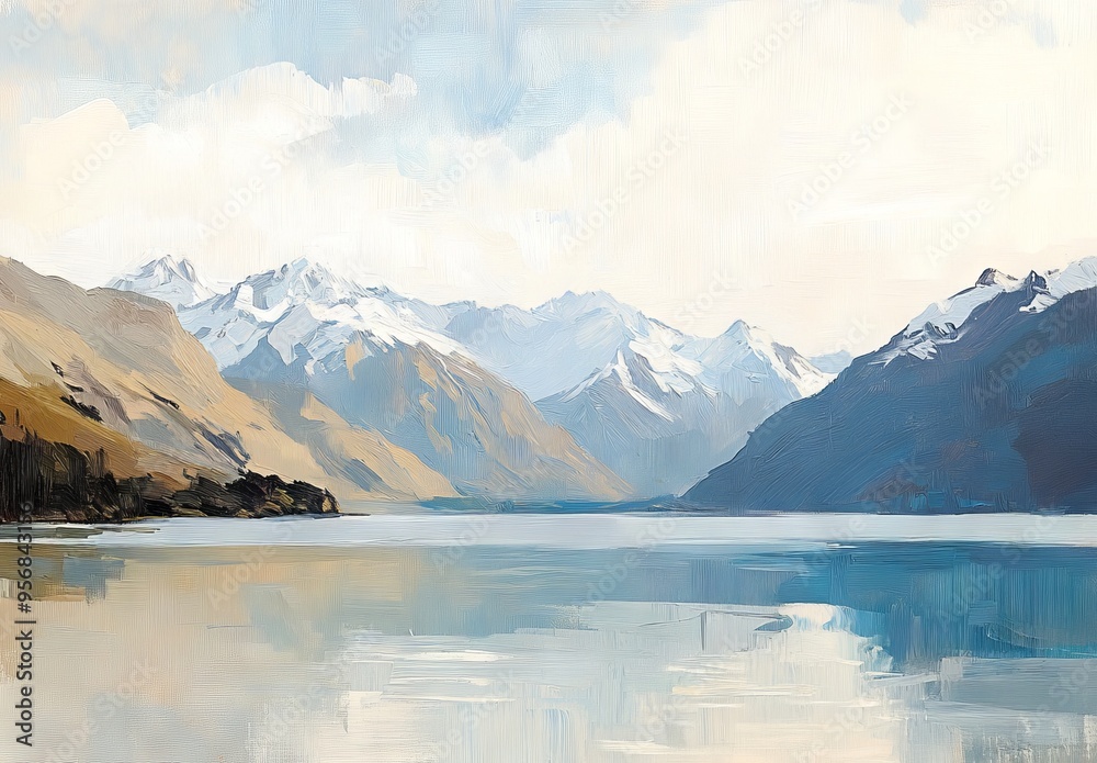 Naklejka premium Snowcapped Mountains and Blue Lake in New Zealand, Minimalist Style, AI generated illustration
