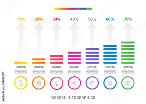Presentation of modern vector infographic. Business template with seven steps, arrows with illustration Infographic for bar graph, chart, app, slides. Progress bar with 7 steps percentage diagrams.