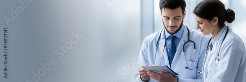 Two doctors stand together consulting a clipboard with medical notes in a bright, clinical environment.
