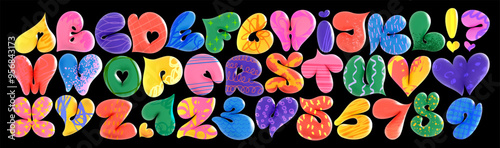 A delightful 3D candy font, bursting with color and playfulness. These inflated, bubble-like letters are perfect for children's content, cartoons, or any design that needs a fun, sweet touch.