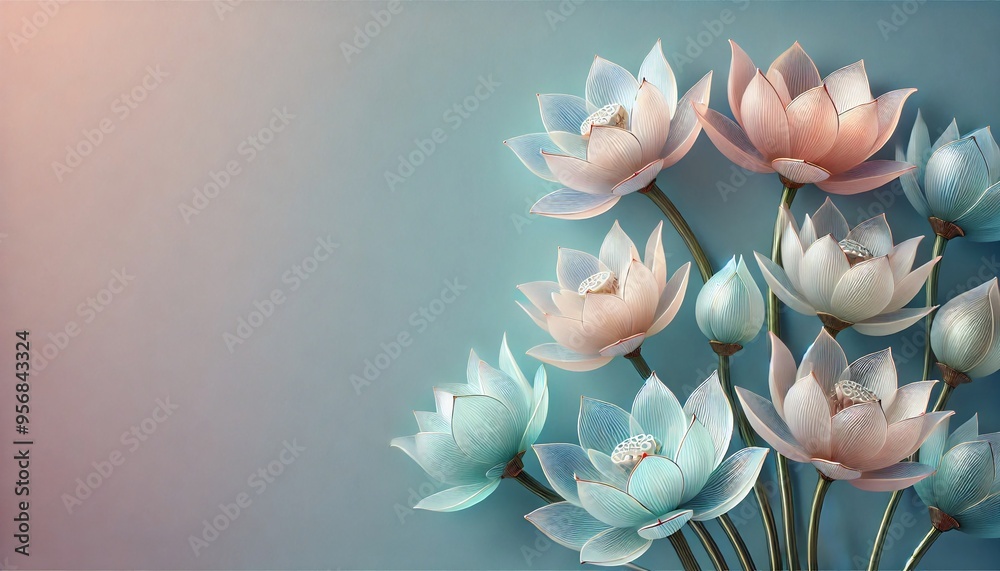 Serene Lotus Glass Art with Gradient Pastel Pink and Blue Background for Tranquil Interior Design Serene Lotus Glass Art with Gradient Pastel Pink and Blue Background for Tranquil Interior Design