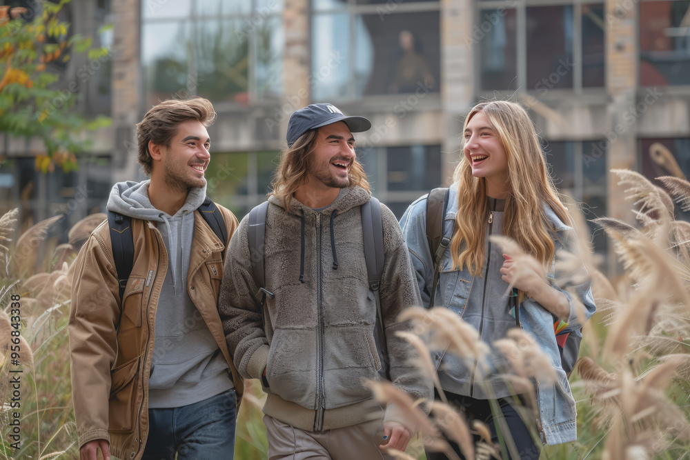 Photo full-length of happy college students walking together on campus. Photo full-length of happy college students walking together on campus.