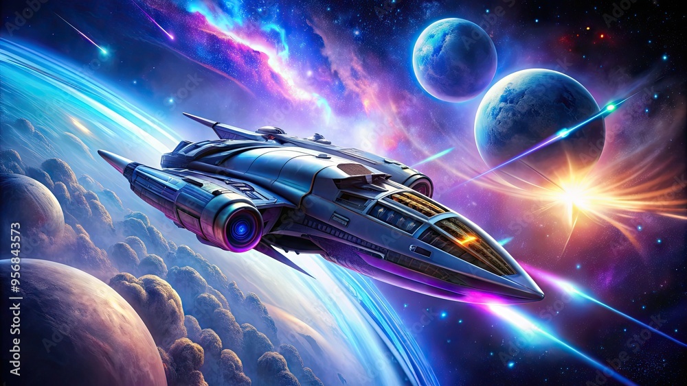 Naklejka premium A sleek, metallic spaceship with glowing blue engines and retractable solar panels hurtles through a swirling vortex of purple and pink galactic gas clouds.