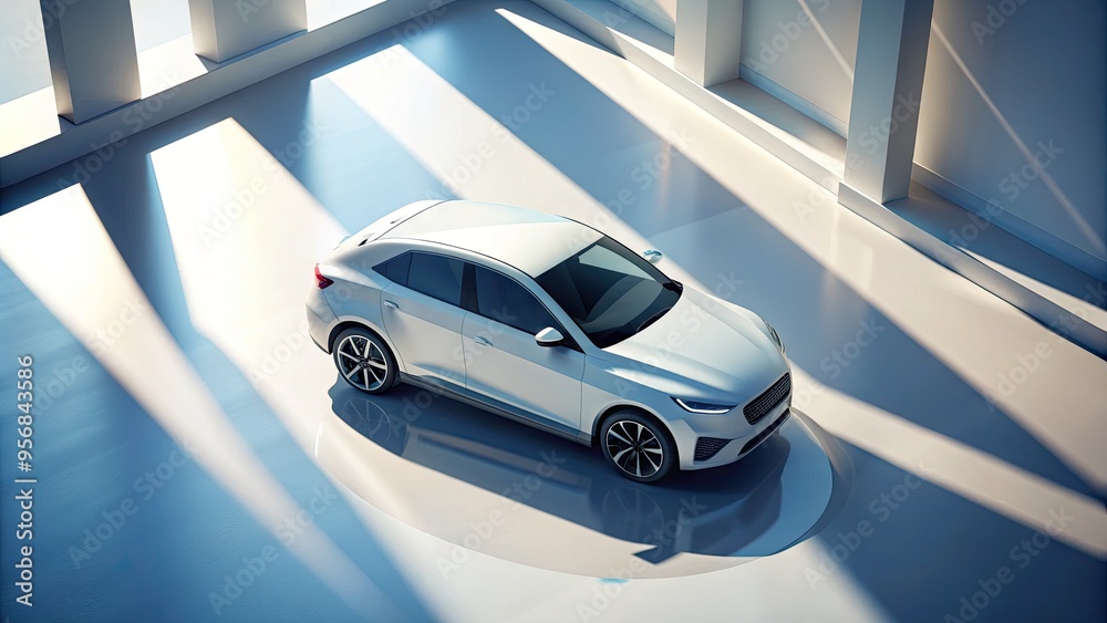 A sleek, minimalist, isolated white car is suspended in a clean, geometric isometric space, its smooth lines and curves accentuated by subtle shadows and highlights. A sleek, minimalist, isolated white car is suspended in a clean, geometric isometric space, its smooth lines and curves accentuated by subtle shadows and highlights.