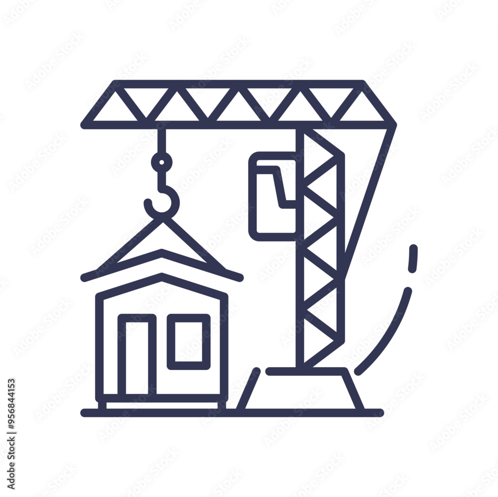 Illustration of a crane lifting a house, symbolizing construction and development. Illustration of a crane lifting a house, symbolizing construction and development.