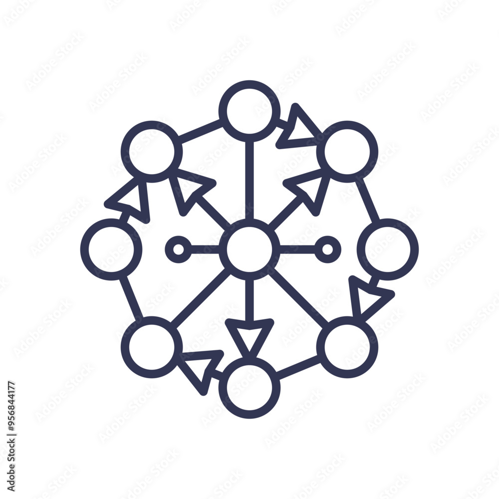 A network diagram illustrating connectivity with interconnected nodes and arrows, symbolizing communication and data flow.