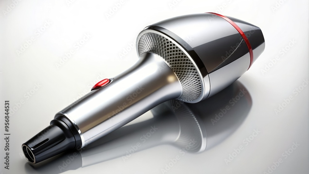A sleek, modern hair dryer with a silver and black design and a bold, red logo emblazoned on the side, lying on a white surface. A sleek, modern hair dryer with a silver and black design and a bold, red logo emblazoned on the side, lying on a white surface.