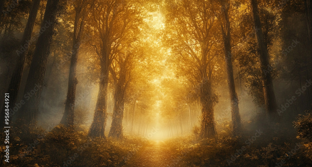 Obraz premium A mystical forest with tall trees, bathed in golden light filtering through the foggy atmosphere.