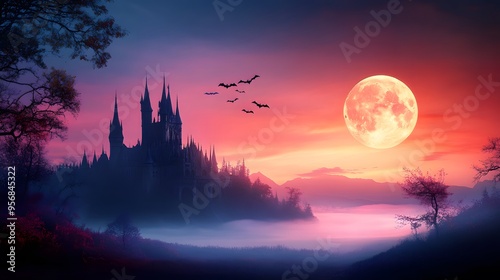 A vampireâ€™s castle set with gothic architecture, tall towers, bats flying overhead, and a blood-red sky