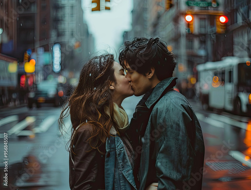 romantic lovers kissing on the street, capturing the essence of love and affection in urban setting photo