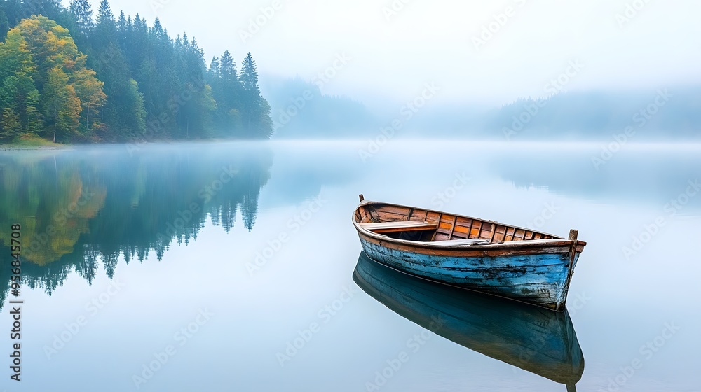 A mysterious, fog-covered lake with a decrepit old rowboat floating in the center. The water is still, and the surrounding trees are reflected in its surface A mysterious, fog-covered lake with a decrepit old rowboat floating in the center. The water is still, and the surrounding trees are reflected in its surface