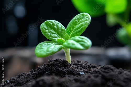 Sprout breaking, soil surface, first green leaves signify the promise of new life