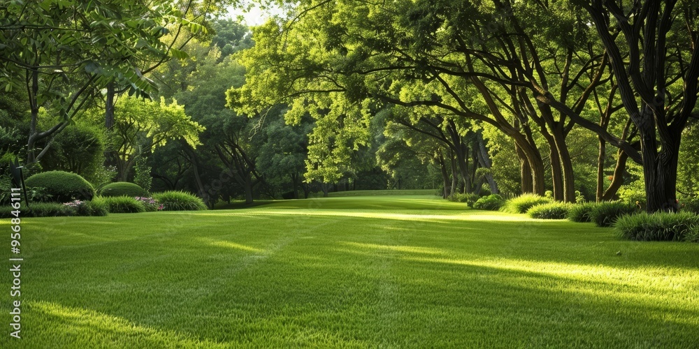 Obraz premium Tranquil green garden landscape featuring manicured lawns and shady trees