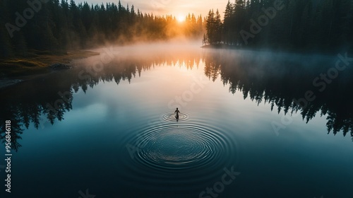 Aerial view of a mist-covered bog lake in a wilderness setting, with the rising sun on the horizon and a lone person swimming, creating ripples in the water.