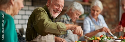 Four elderly people, smiling and cooking together in a communal kitchen, highlighting the joy and companionship found in group activities and shared meals among seniors. photo