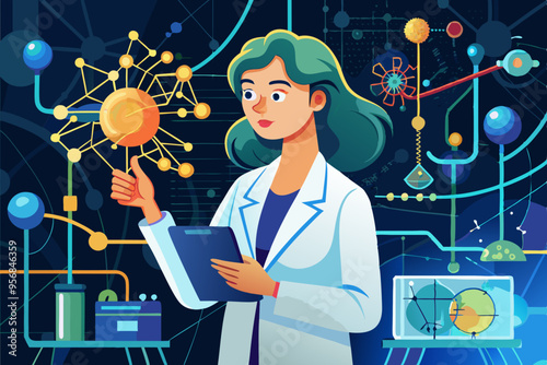Female scientist in lab coat checking artificial neurons connected to the neural network. 