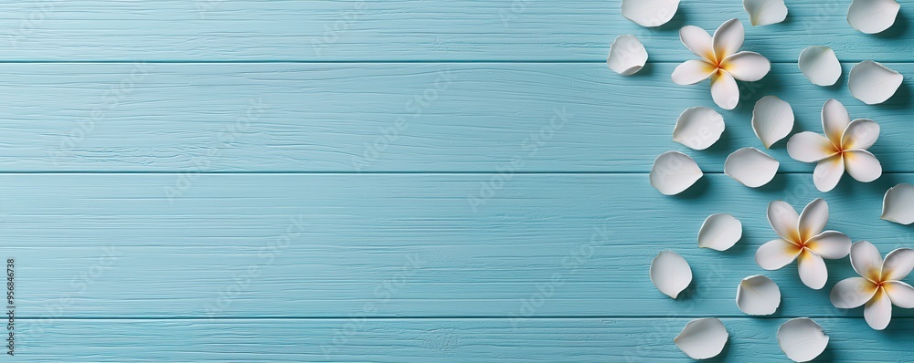 Obraz premium Beautiful arrangement of white petals on a blue wooden background, perfect for spring themes and floral designs.