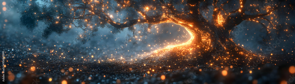 Naklejka premium Glossy Abstract Family Tree with Glowing Life Symbol concept as A sleek digital art banner featuring an abstract family tree with a glowing life symbol representing the growth and connection within an