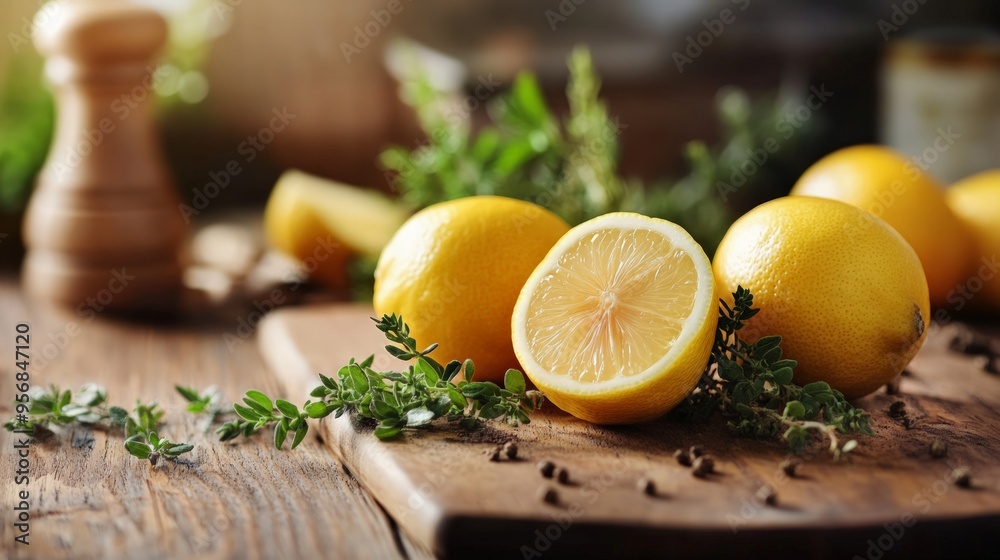 A rustic kitchen counter with organic lemons, herbs, and spices ready for a homemade lemon marinade. A rustic kitchen counter with organic lemons, herbs, and spices ready for a homemade lemon marinade.
