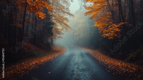 A misty autumn evening in a dark, enchanted forest with a rural road winding through orange-leaved trees. The landscape features a mountain path with colorful foliage, all wrapped in fog and mystery, 