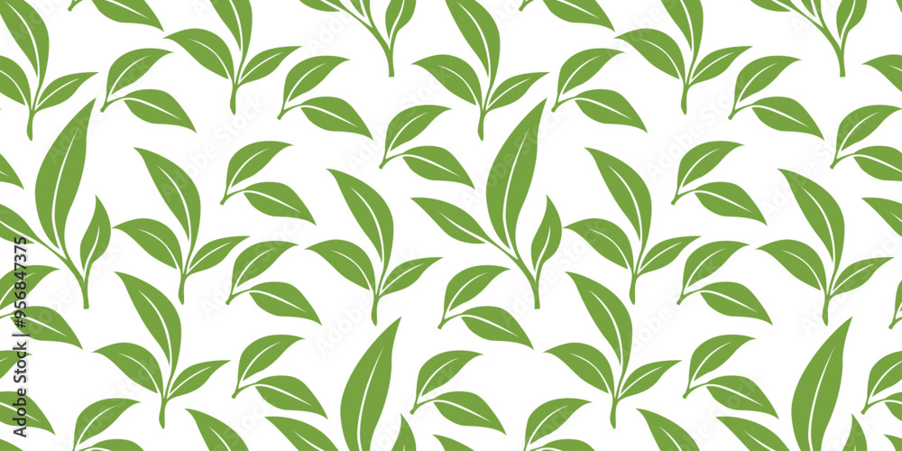green leaves vector pattern background. Green tea leaf seamless pattern. tea leaves pattern background. seamless patterns with green leaves of tea. green leaves vector pattern background. Green tea leaf seamless pattern. tea leaves pattern background. seamless patterns with green leaves of tea.