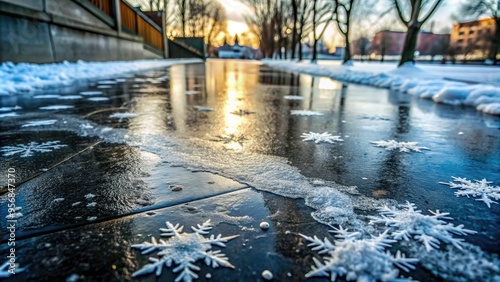 A slippery patch of transparent ice covers a dark grey concrete walkway, surrounded by frozen snowflakes and frosty winter atmosphere. photo