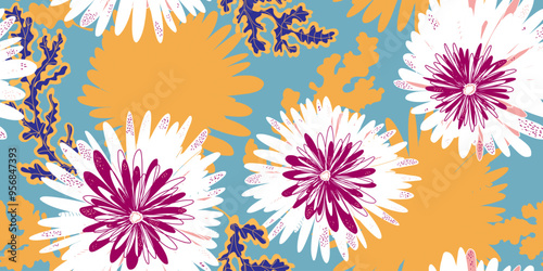Chrysanthemums Asters Abstract fantasy flowers variegated ornament Asian motifs vector seamless overlapping pattern rapport
